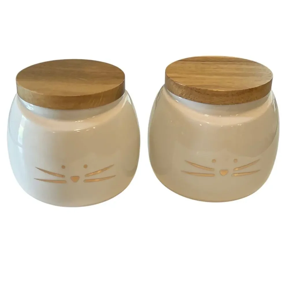Set of 2 Ceramic Cat Treat Jars Bamboo Lids White Gold Whiskers Pet Canisters